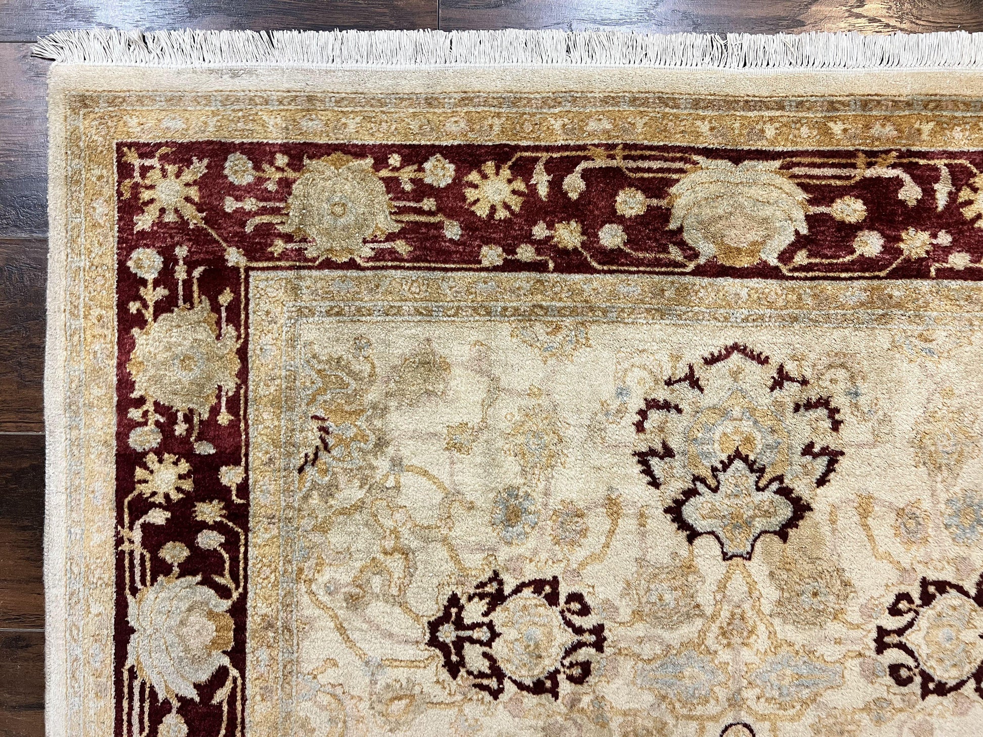 Peshawar Rug 5x7, Beige and Maroon, Vintage Handmade Wool Traditional Carpet 5 x 7 ft, Pakistani Rug, Agra Pattern, Very Fine 260 KPSI - Nuvé