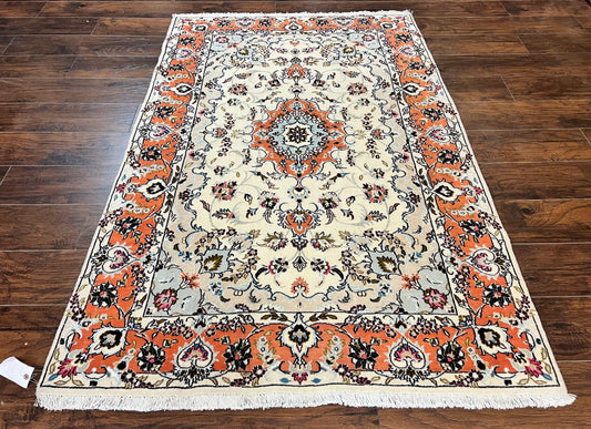 Persian Tabriz Rug 4.5  x 6.8, Finely Hand Knotted Wool with Silk Highlights Vintage Oriental Carpet, Cream and Salmon, High KPSI, Floral Medallion - Nuvé