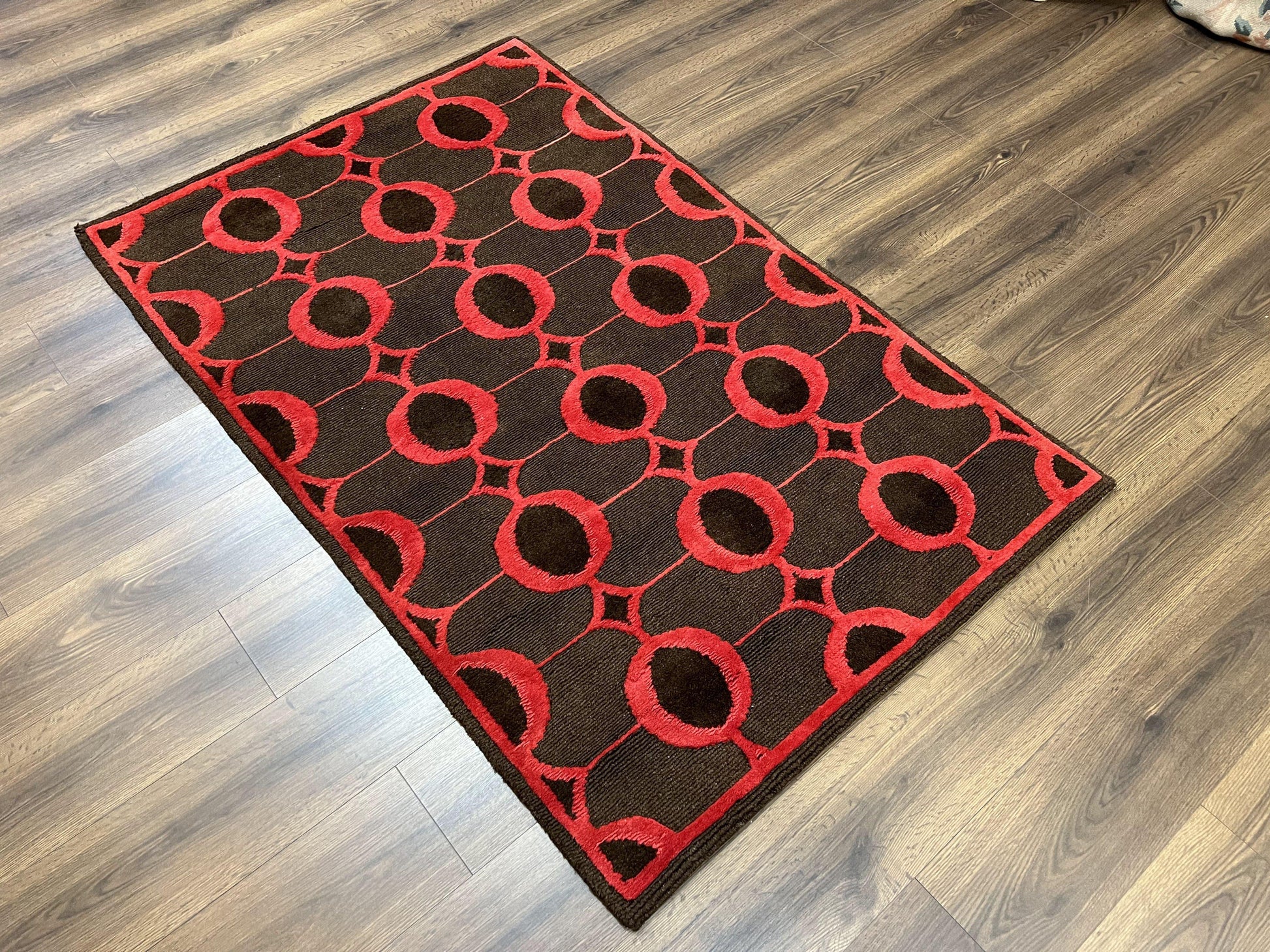 Modern Tibetan Rug 3.8 x 5.7, Raspberry Red and Dark Brown, Abstract Circle Design, Hand Knotted, Soft Wool Handmade Tibet Nepali Carpet 4x6 - Nuvé