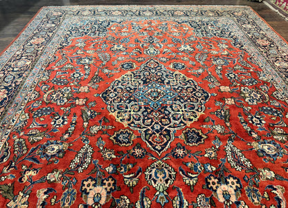 Red Persian Kashan Rug 10x14, Hand-Knotted Semi Antique Floral Medallion Handmade Wool Carpet, Red & Navy Blue - Nuvé