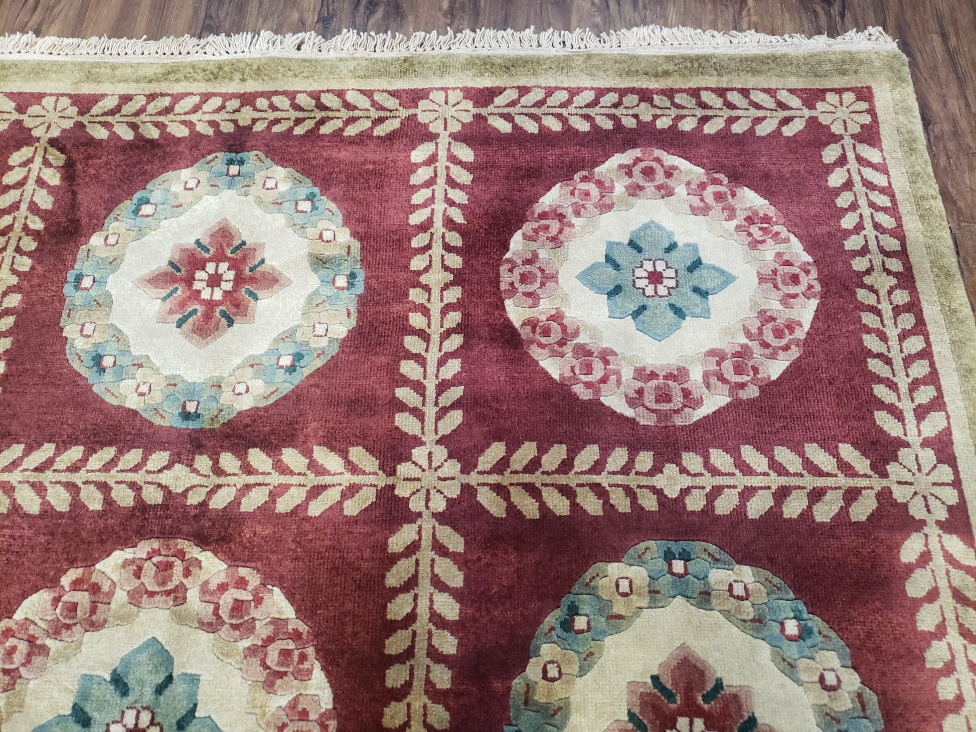 Nepalese Aubusson Panel Rug 6x9, Red & Ivory Soft Plush Tibetan Pile Rug, Wool Hand-Knotted Carpet, 6 x 9 Elegant Area Rug, Office Room Rug - Nuvé