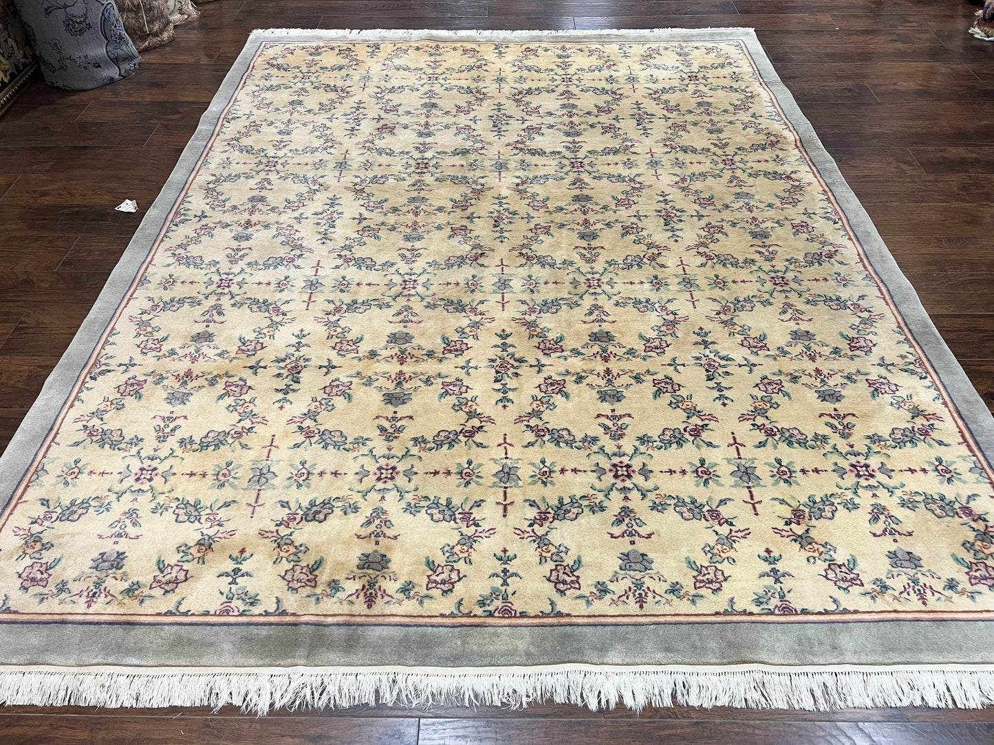 Sino Persian Rug 8x10, Floral, Oatmeal and Light Teal, Handmade Wool Vintage Carpet - Nuvé
