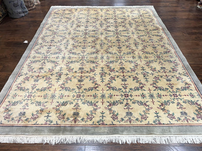 Sino Persian Rug 8x10, Floral, Oatmeal and Light Teal, Handmade Wool Vintage Carpet - Nuvé