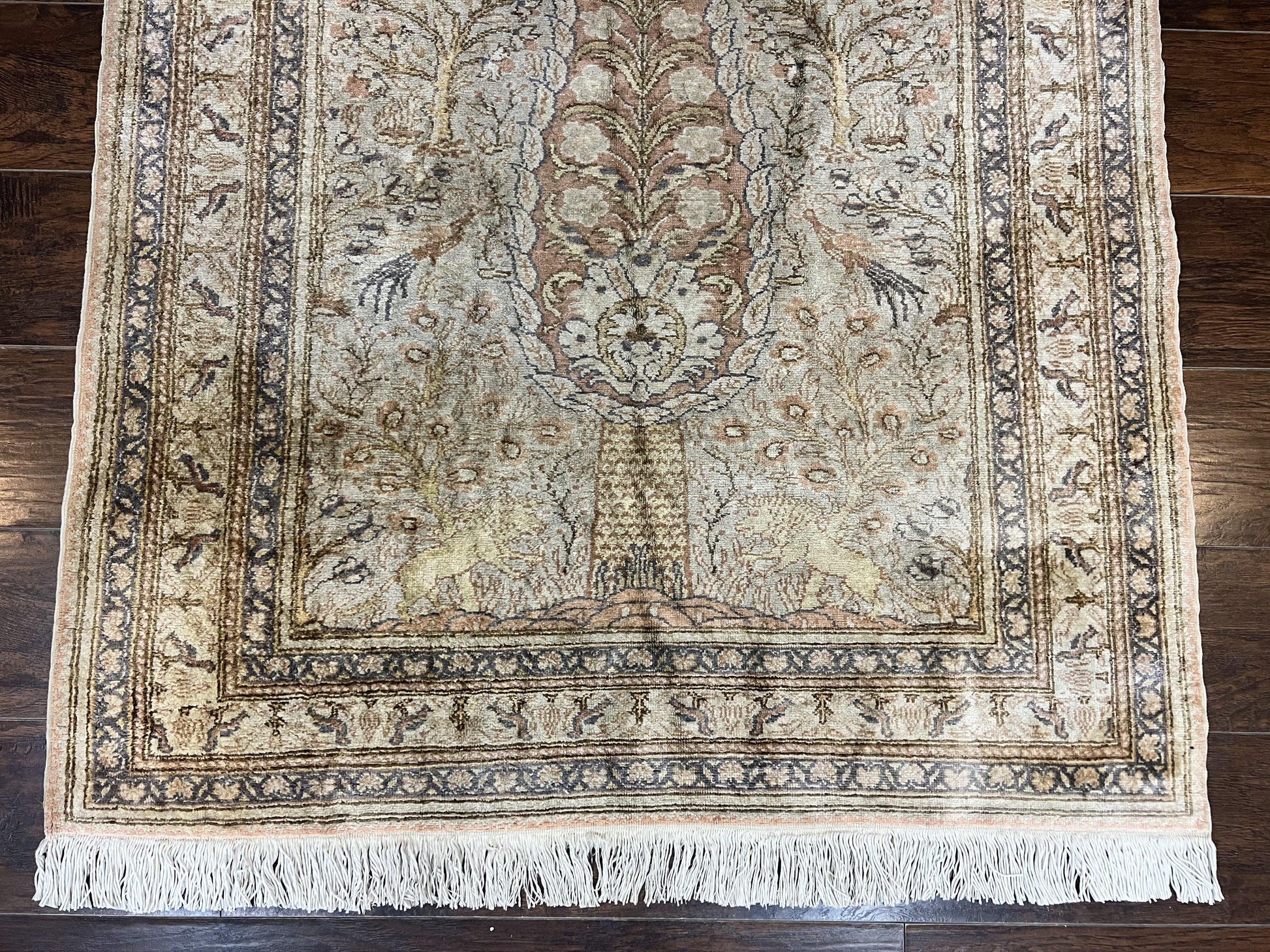 Turkish Kayseri Silk Rug 4x6, Tree of Life Pattern, Vintage Handmade Hand Knotted Carpet, Animal Pictorials, Birds - Nuvé