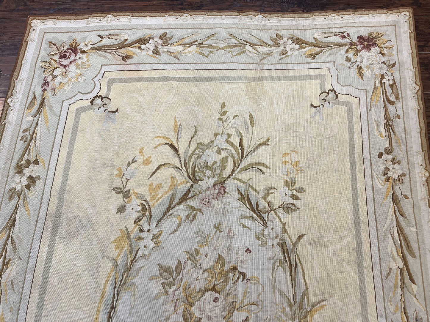 Needlepoint Rug 6x9, Elegant European Design Aubusson Carpet, Vintage Wool Handmade Rug, Light Yellow Ivory - Nuvé