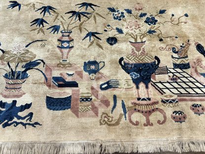 Chinese Rug 5x3, Horizontal Rug, Vases Flowers, Handmade Antique Vintage Carpet, Peking Rug, Chinese Wool Rug - Nuvé
