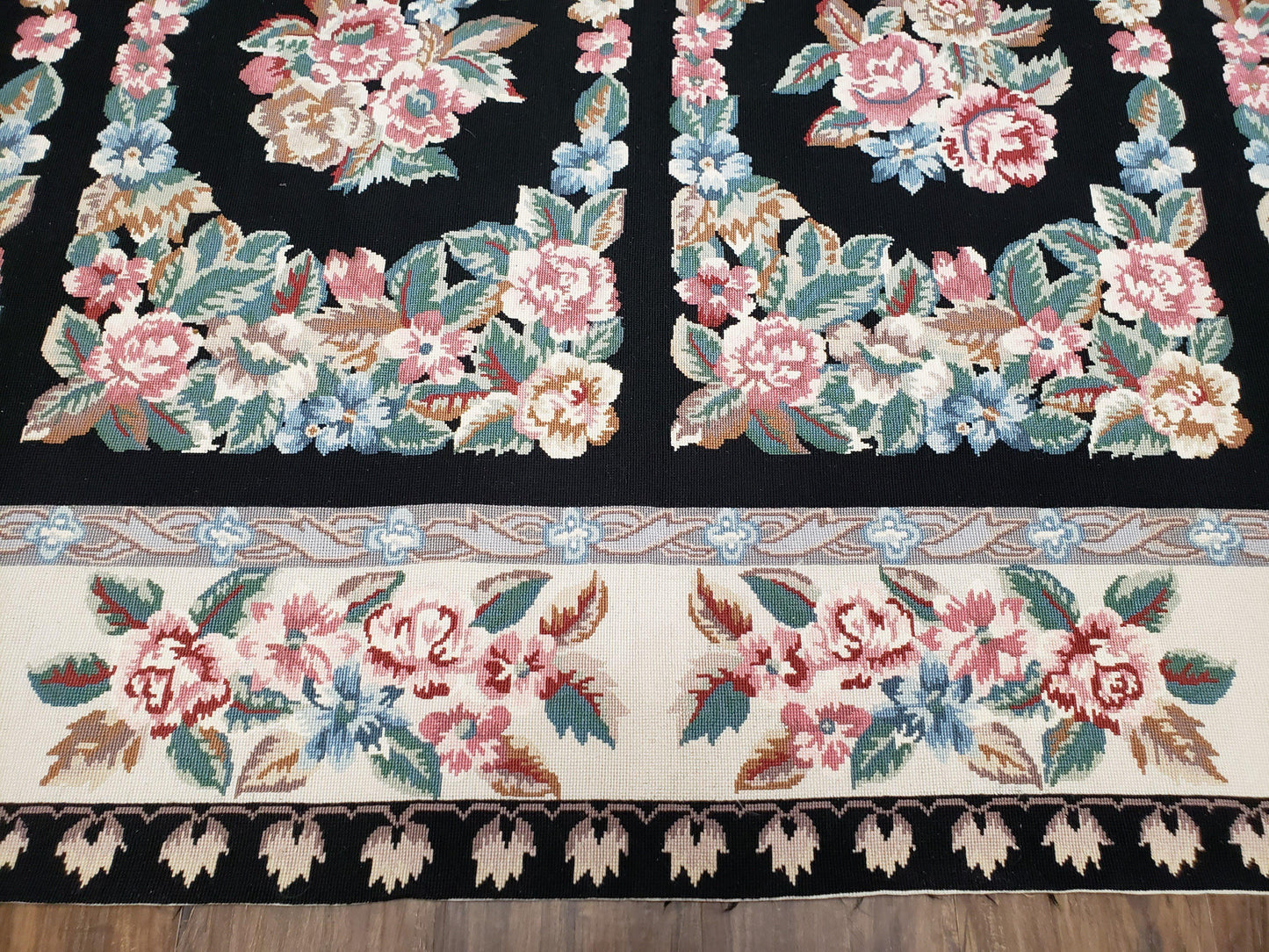Floral Needlepoint Rug 9.5 x 13.6, Floral Panel Design, Black and Ivory Flatweave Aubusson Carpet, Multicolor - Nuvé