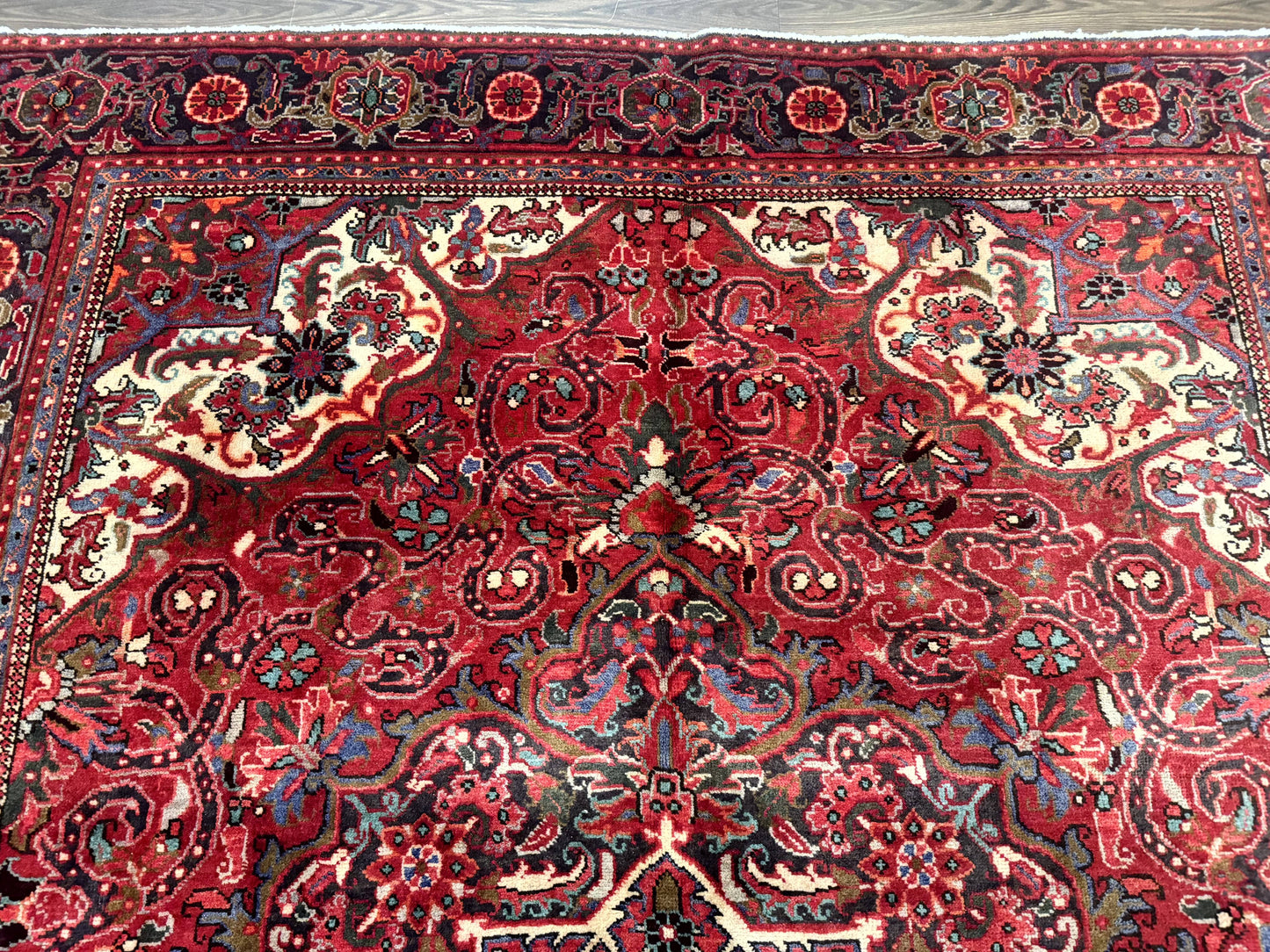 Persian Heriz Rug 7x10, Red and Navy, Geometric Medallion, Vintage Wool Carpet - Nuvé