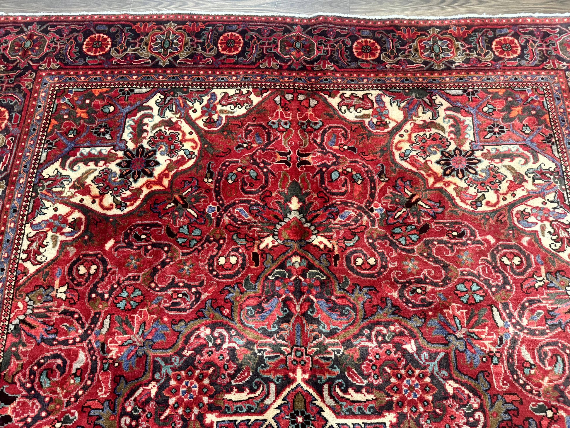 Persian Heriz Rug 7x10, Red and Navy, Geometric Medallion, Vintage Wool Carpet - Nuvé