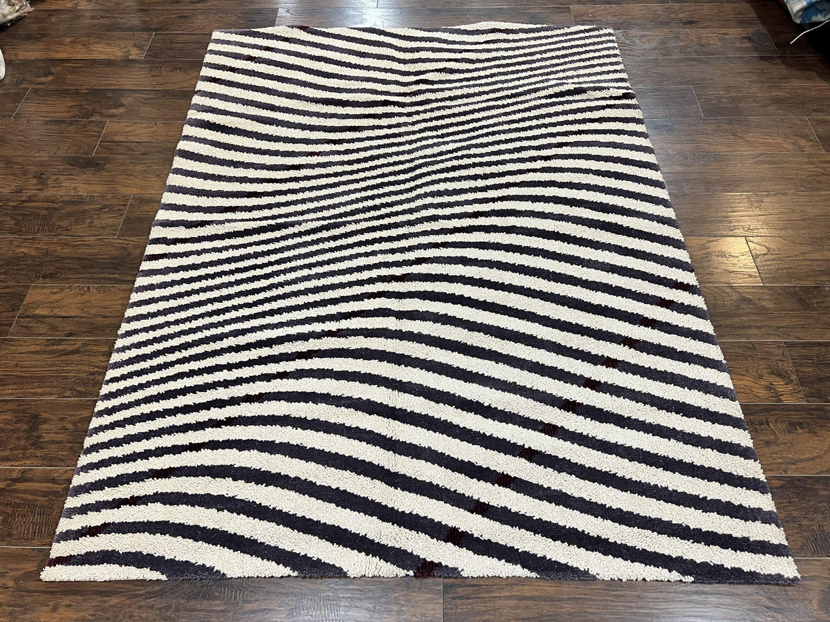 Vintage Zebra Stripes Shag Rug 5.7 x 7.4, Black and White, Retro, Wool