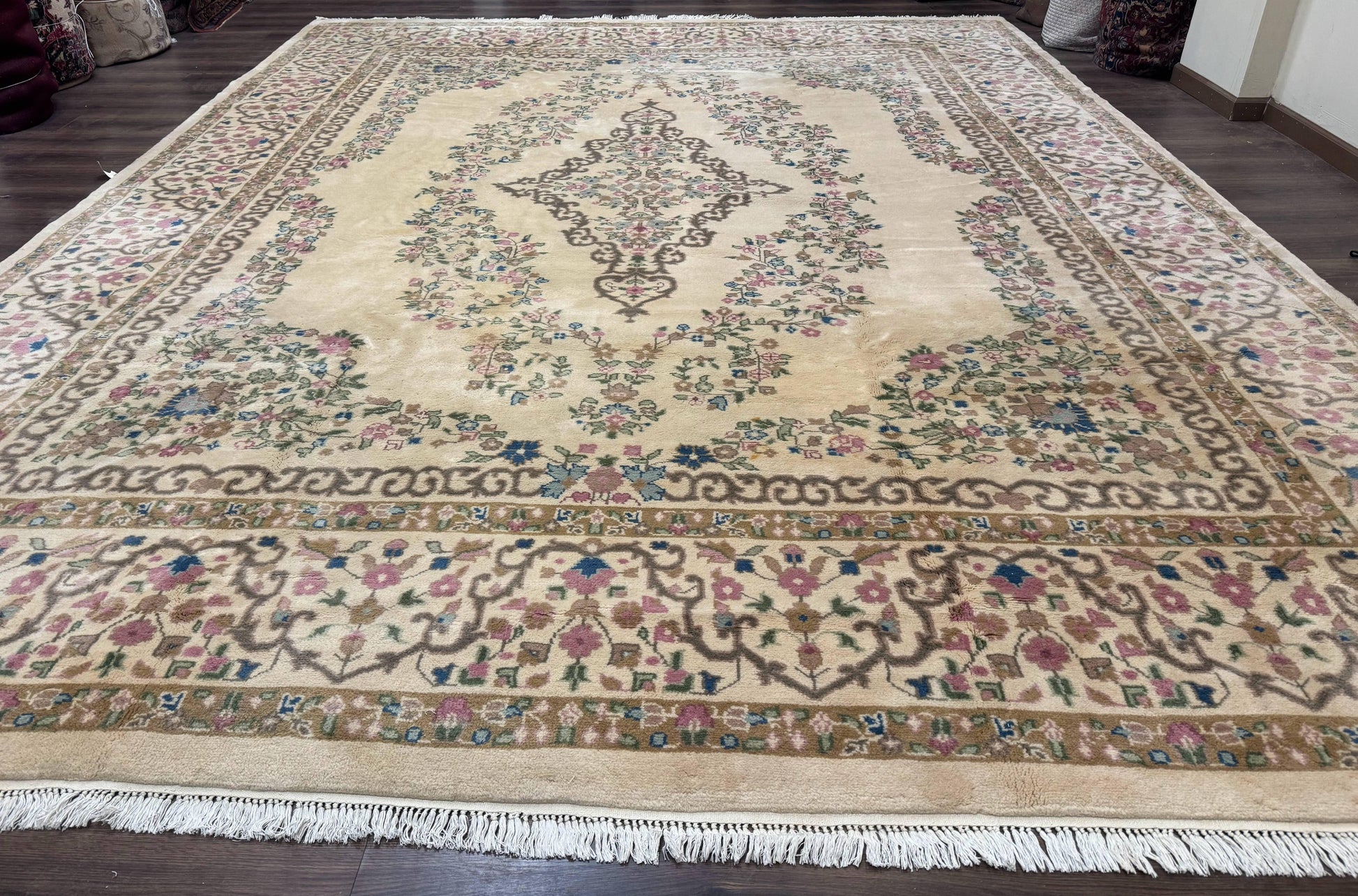 Indo Persian Rug 12x15, Palace Sized Carpet, Oversized Wool Handmade Rug, Kerman Rug, Semi Open Field, Pande Cameron Rug, Beige - Nuvé