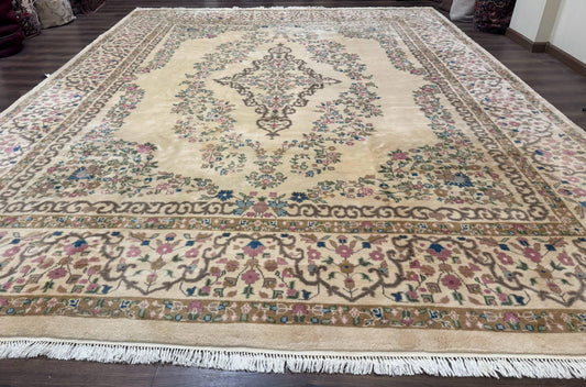 Indo Persian Rug 12x15, Palace Sized Carpet, Oversized Wool Handmade Rug, Kerman Rug, Semi Open Field, Pande Cameron Rug, Beige - Nuvé