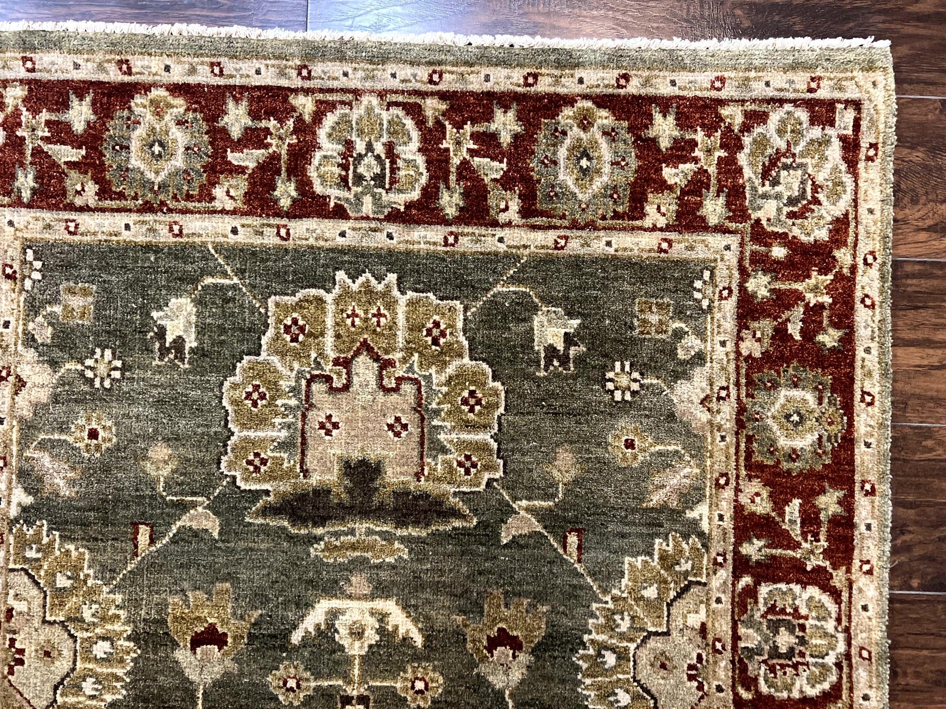Indo Oushak Rug 4x6, Green and Maroon, Vintage Wool Floral Rug, Indian Agra Rug - Nuvé