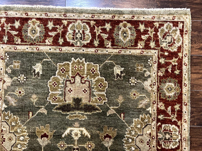 Indo Oushak Rug 4x6, Green and Maroon, Vintage Wool Floral Rug, Indian Agra Rug - Nuvé