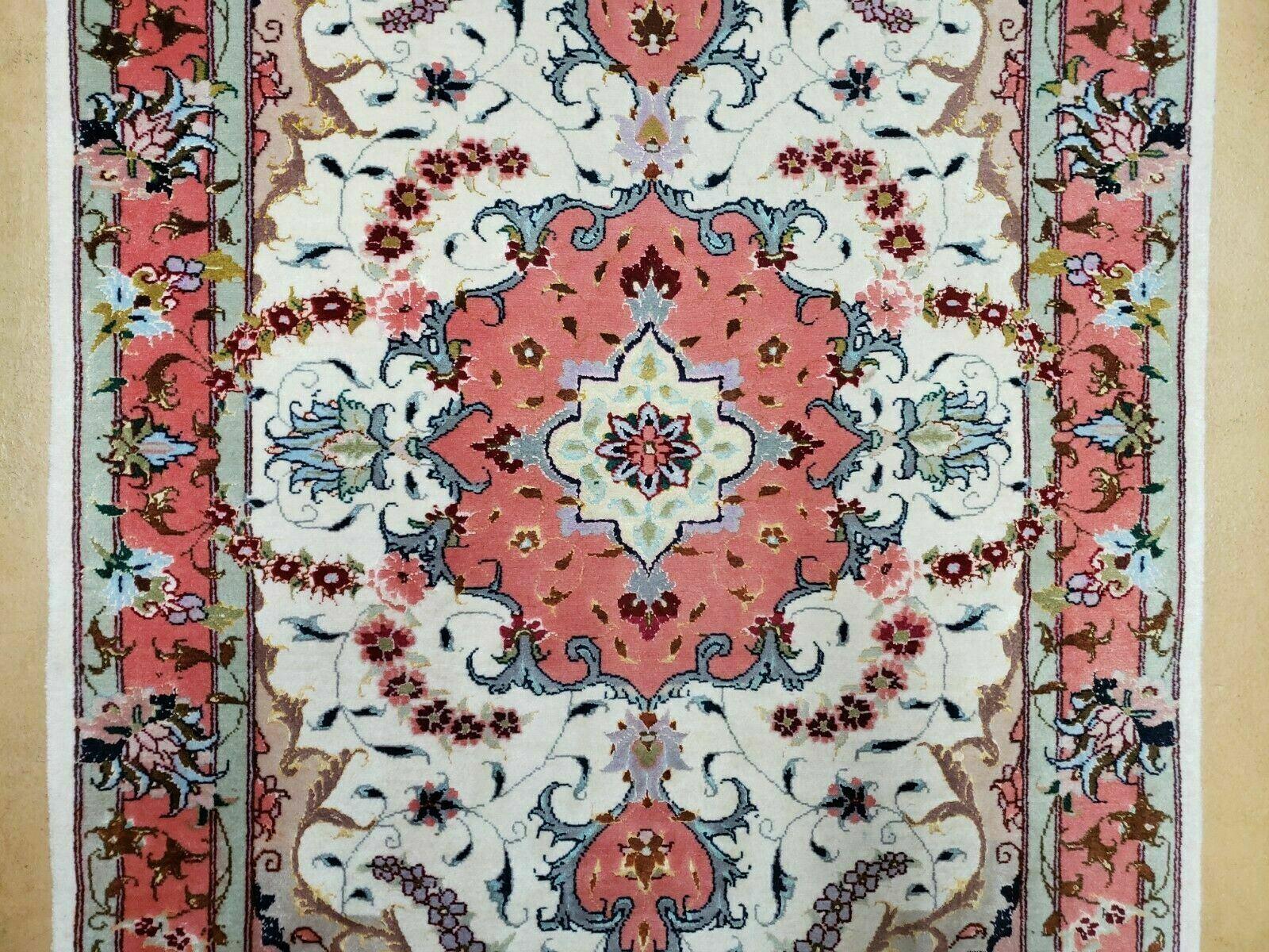 Small Vintage Persian Tabriz Wool and Silk Rug 2.5 x 4 ft, Very Finely Hand Knotted, Medallion, Ivory Salmon Light Blue, Top Quality, Pair A - Nuvé