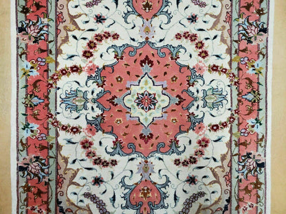 Small Vintage Persian Tabriz Wool and Silk Rug 2.5 x 4 ft, Very Finely Hand Knotted, Medallion, Ivory Salmon Light Blue, Top Quality, Pair A - Nuvé