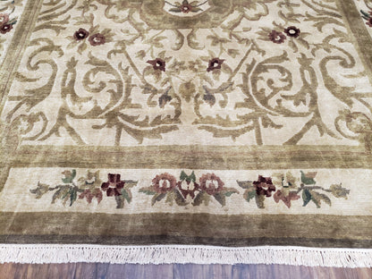 Vintage Nepali Tibetan Aubusson Rug 6x9, Wool Hand-Knotted Cream Beige Carpet, Leaves & Floral Pattern 6 x 9 Soft Area Rug Home Office Rug - Nuvé