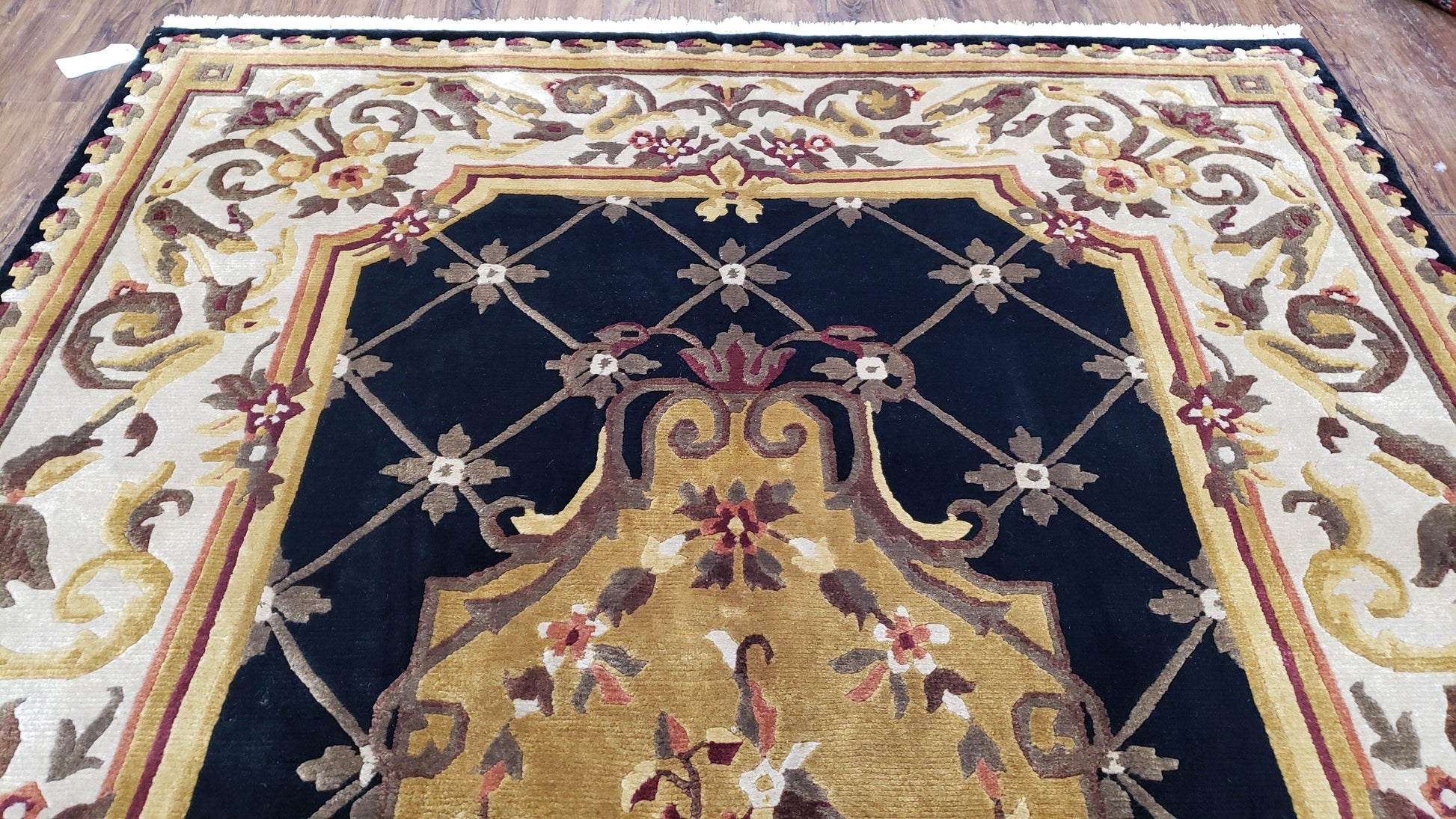 Nepal Rug 6x9, Nepalese Aubusson Area Rug 6 x 9, Hand-Knotted Wool Soft Pile Black & Beige Tibetan Aubusson New Carpet European Savonnerie - Nuvé