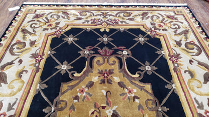 Nepal Rug 6x9, Nepalese Aubusson Area Rug 6 x 9, Hand-Knotted Wool Soft Pile Black & Beige Tibetan Aubusson New Carpet European Savonnerie - Nuvé