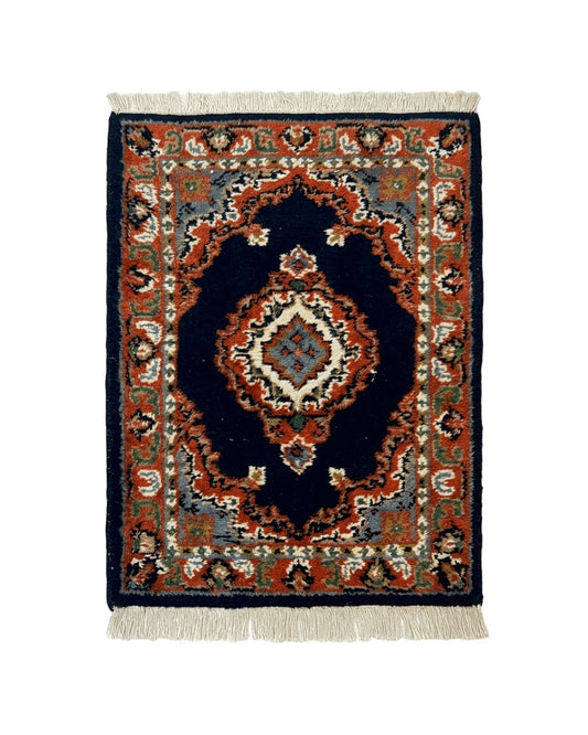 Small Indo Persian Rug 2x3, Navy Blue & Terracotta, Wool, Handmade