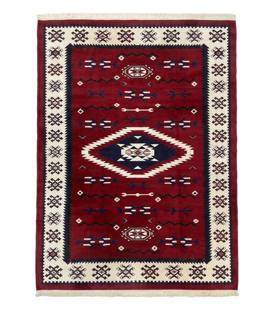 Belgium Power Loomed Rug 8x11, Navajo Native American Design, Dark Red and Ivory, Tribal Rug, Bohemian Carpet