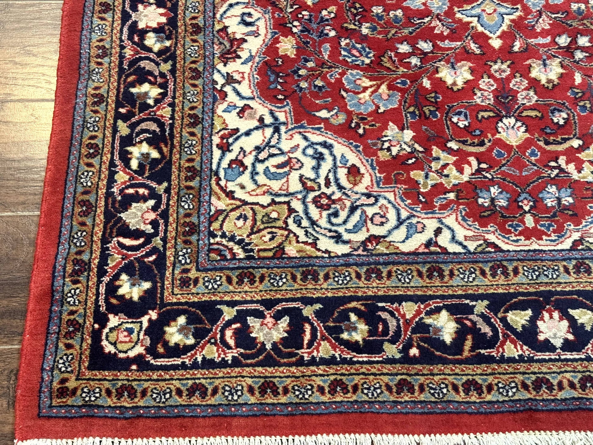 Persian Sarouk Rug 4x7, Red Navy Blue Vintage Wool Medallion Carpet - Nuvé