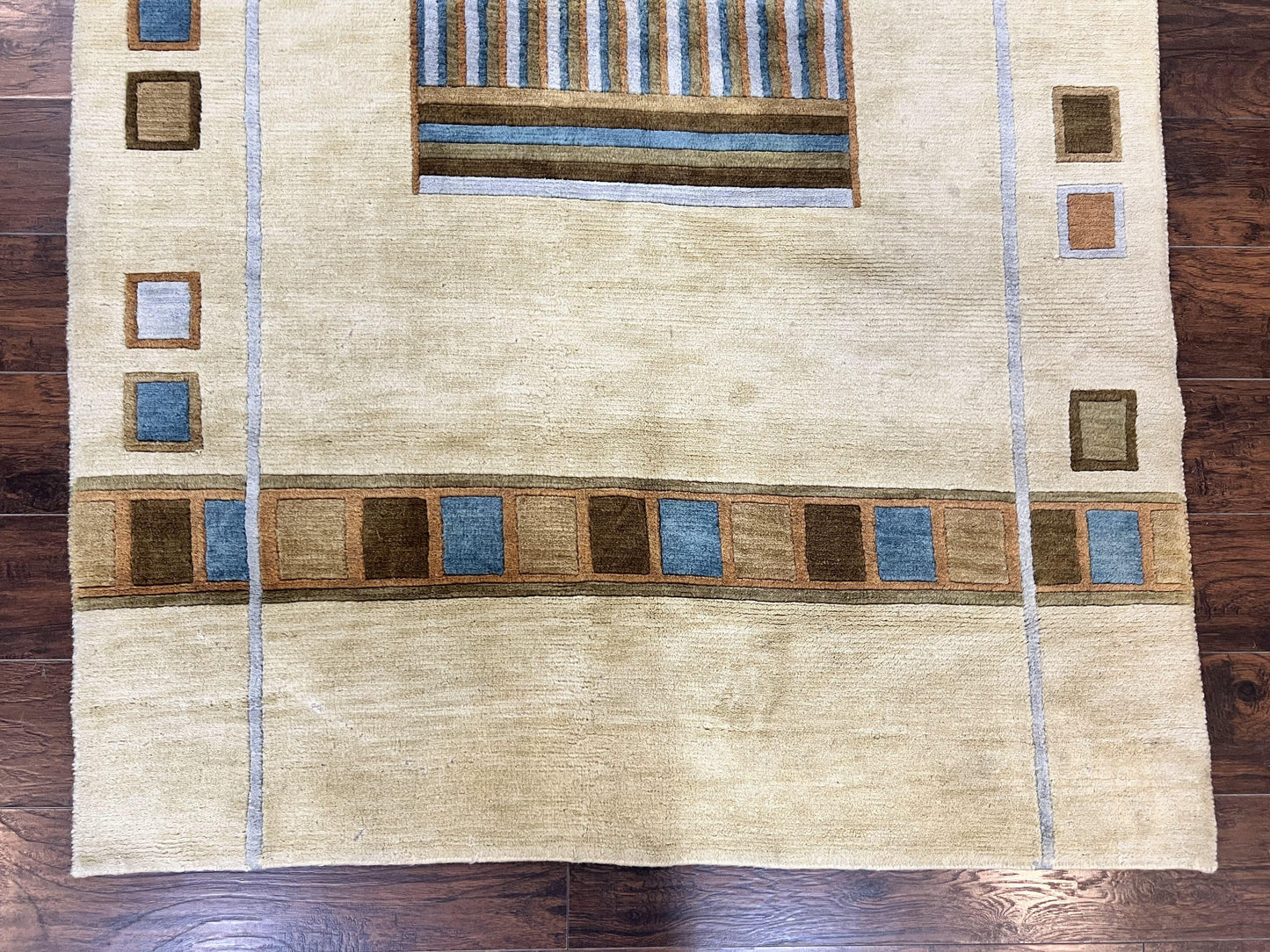 Tibetan Rug 5x8, Contemporary Rug 5 x 8 ft, Cream Brown Blue Hand-Knotted Wool w/ Silk Highlights Tibetan Carpet, Modern Rug - Nuvé