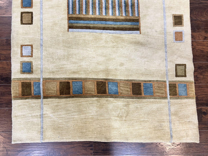 Tibetan Rug 5x8, Contemporary Rug 5 x 8 ft, Cream Brown Blue Hand-Knotted Wool w/ Silk Highlights Tibetan Carpet, Modern Rug - Nuvé