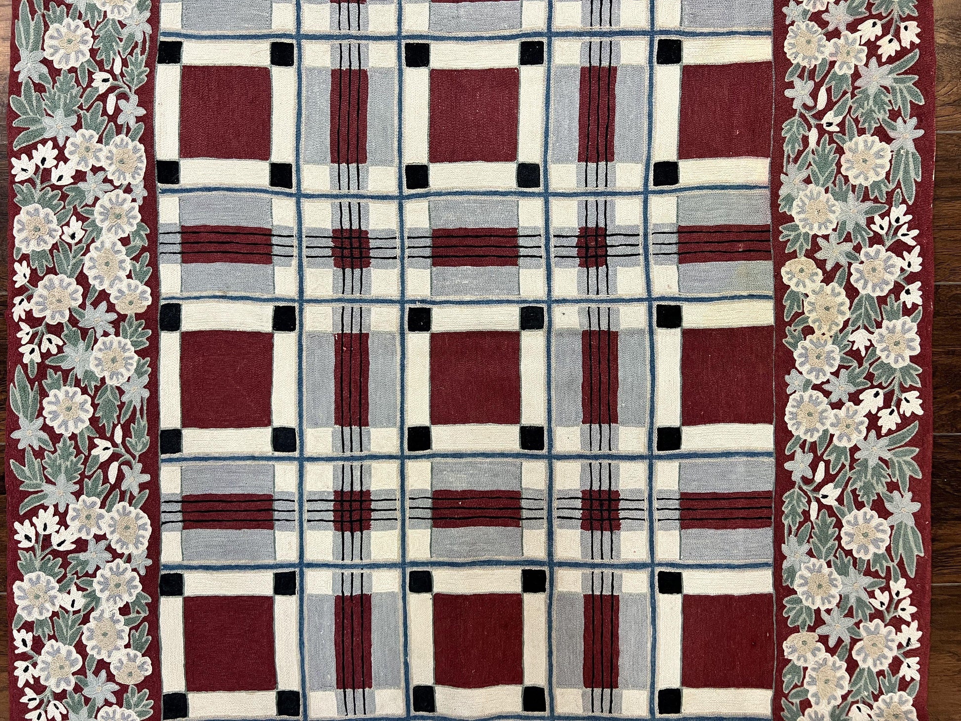 Indian Hand Stitched Rug 4x6, Vintage Carpet, Checkerboard Floral Pattern, Maroon Ivory, Flatweave, Wool - Nuvé
