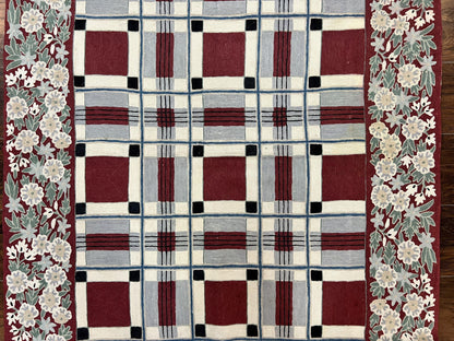 Indian Hand Stitched Rug 4x6, Vintage Carpet, Checkerboard Floral Pattern, Maroon Ivory, Flatweave, Wool - Nuvé