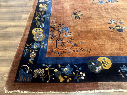 Antique Chinese Wool Rug 9x12, Light Brown and Navy Blue, Fete Peking Art Deco - Nuvé