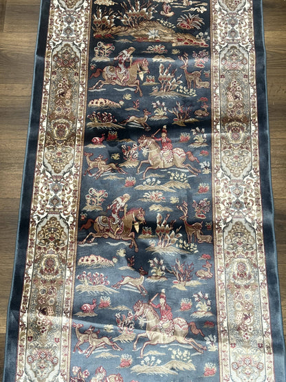 Turkish Silk Rug 2.6 x 6.7, Short Runner Rug, Blue & Ivory, Bamboo Silk, New - Nuvé