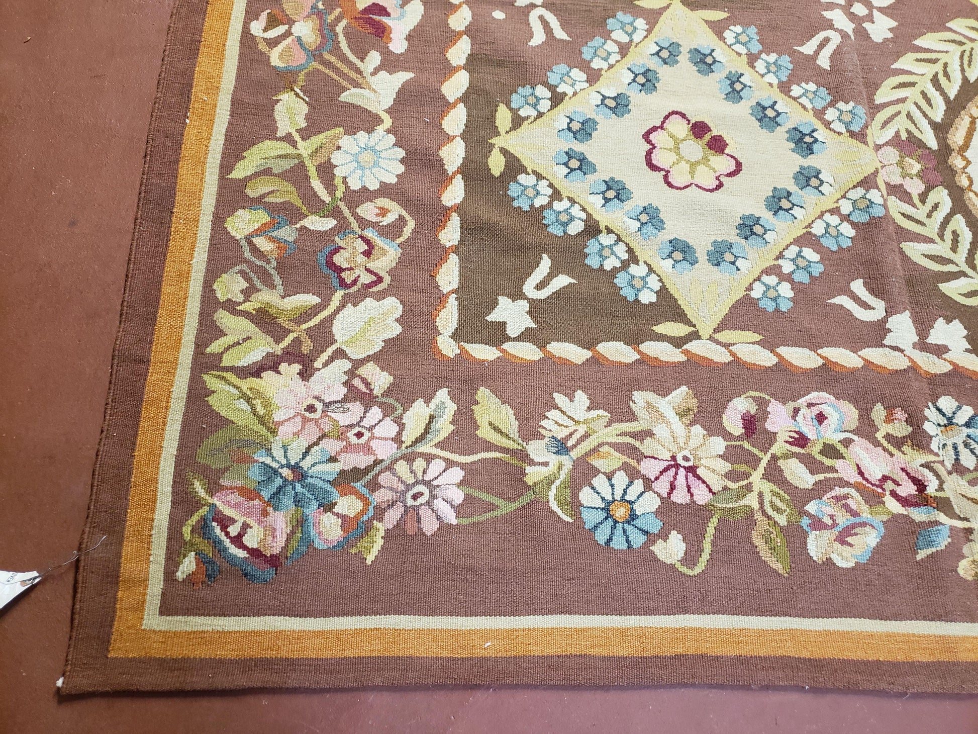 Aubusson Rug 6 x 9 Flat Weave Area Carpet European Design Flowers New Brown Rug Handmade Wool Hand-Knotted Aubusson Weave Medium Rug 6x9 - Nuvé