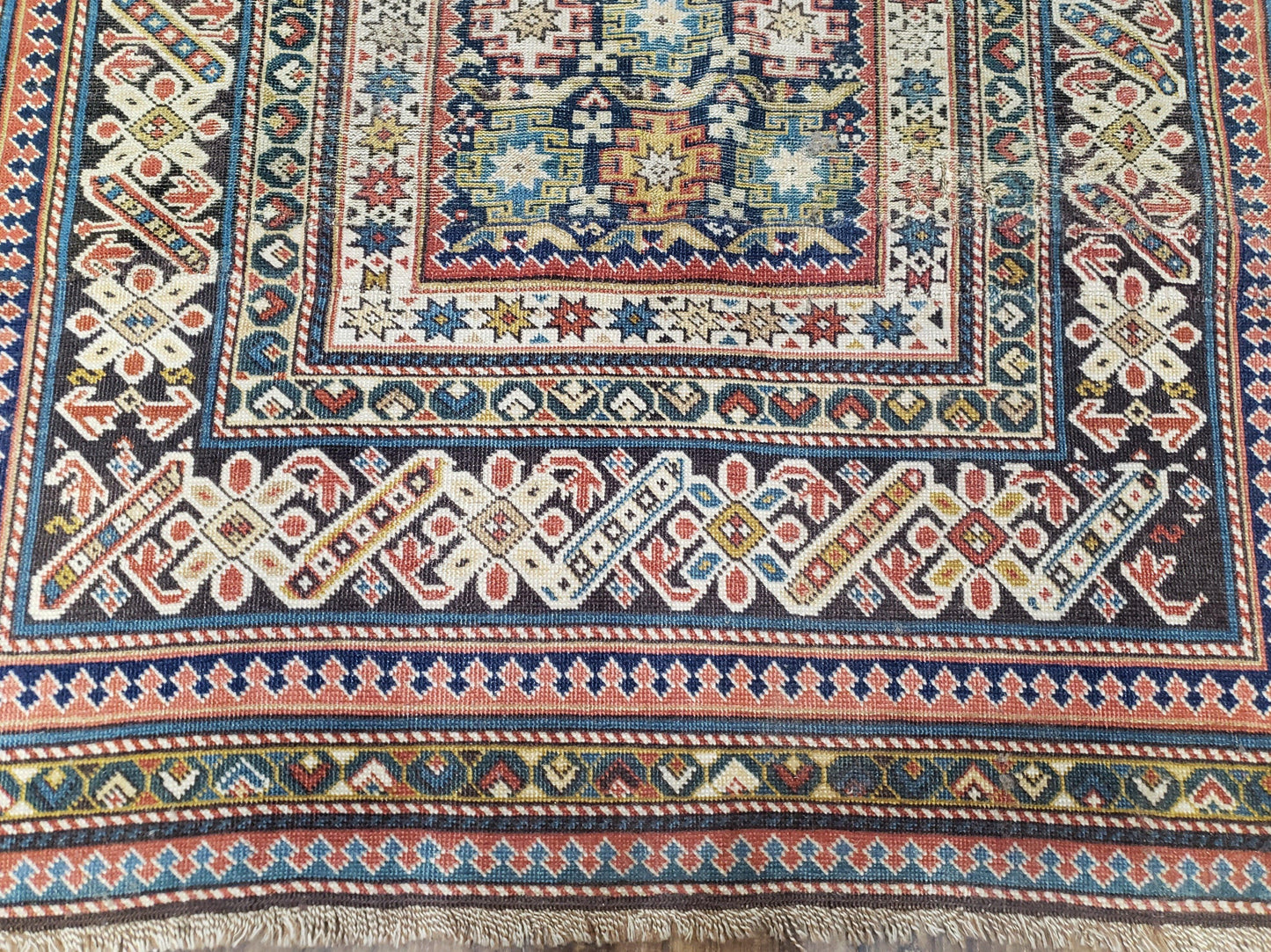 Caucasian Rug 3'9" x 5'7", Antique 1920s Collectible Caucasian Chi Chi Carpet, Hand Knotted, Colorful, Dark Blue Cream Red, Wool, Small Rug - Nuvé
