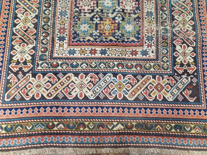 Caucasian Rug 3'9" x 5'7", Antique 1920s Collectible Caucasian Chi Chi Carpet, Hand Knotted, Colorful, Dark Blue Cream Red, Wool, Small Rug - Nuvé