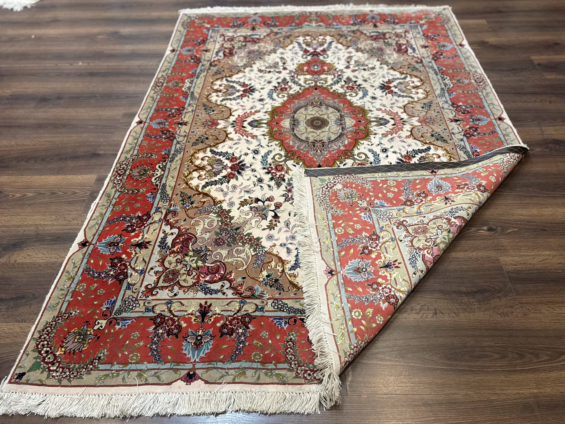 Wonderful Persian Tabriz Rug 5x7, Very Fine 440 KPSI, Ivory and Coral, Rare - Nuvé
