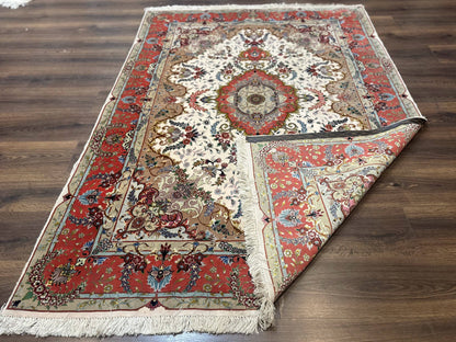 Wonderful Persian Tabriz Rug 5x7, Very Fine 440 KPSI, Ivory and Coral, Rare - Nuvé