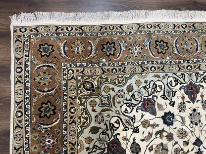 Wonderful Persian Tabriz Rug 7x10, Floral Medallion, Very Fine Oriental Carpet, Ivory - Nuvé