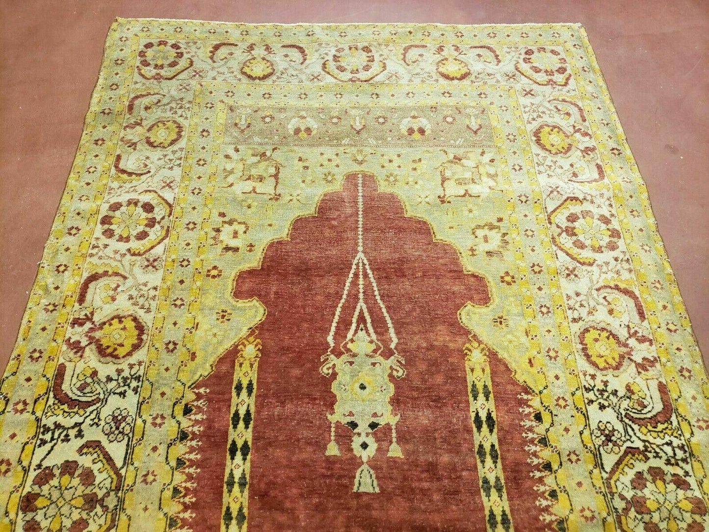 4' 5" X 7' Antique HandmadeTurkish Prayer Melas Oushak Wool Rug Mehrab Nice - Nuvé