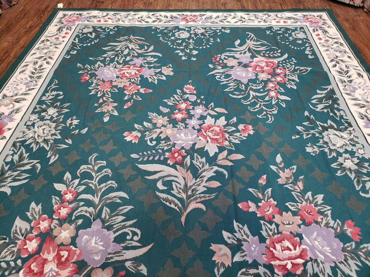 Chinese Needlepoint Rug 8x10, Vintage Green Area Rug, Hand-Woven Flatweave Floral European Design Carpet Wool Handmade 8x 10 Living Room Rug - Nuvé