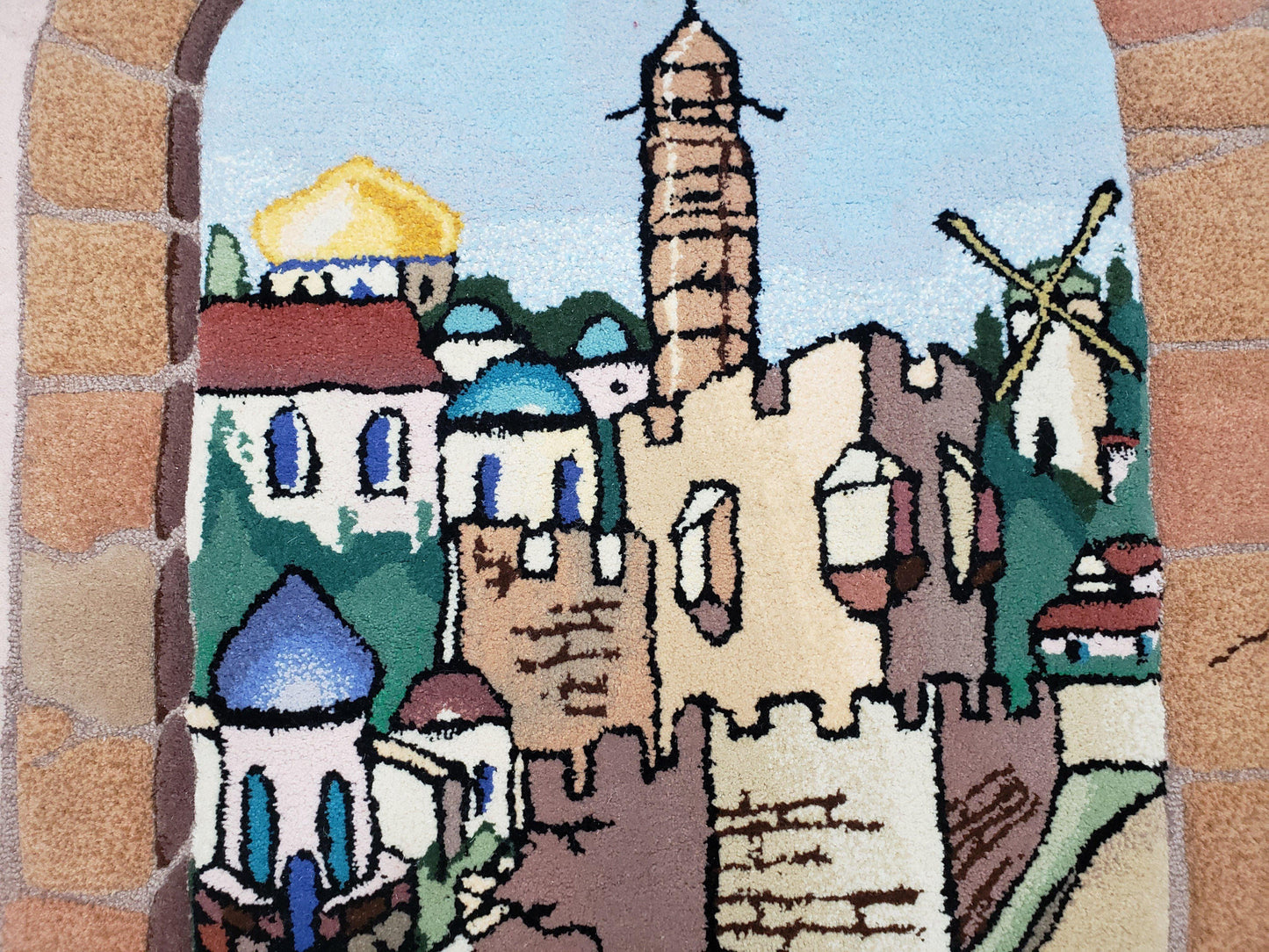 Small Judaica Rug, Rug with Jerusalem Pictorial, Chanuka Gift, Hand-Tufted, Jerusalem Gate, Vintage Judaica, Western Wall Rug, 3x4 Rug - Nuvé