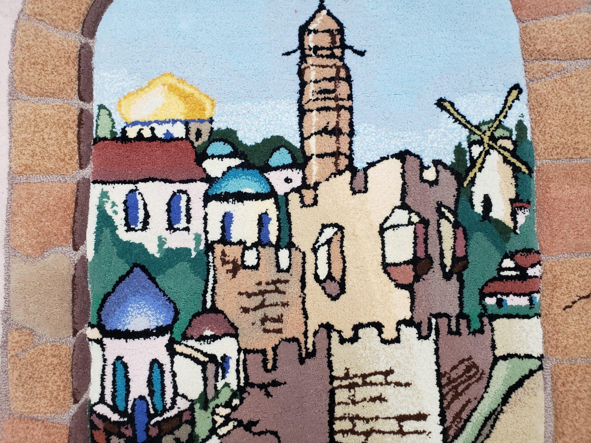 Small Judaica Rug, Rug with Jerusalem Pictorial, Chanuka Gift, Hand-Tufted, Jerusalem Gate, Vintage Judaica, Western Wall Rug, 3x4 Rug - Nuvé