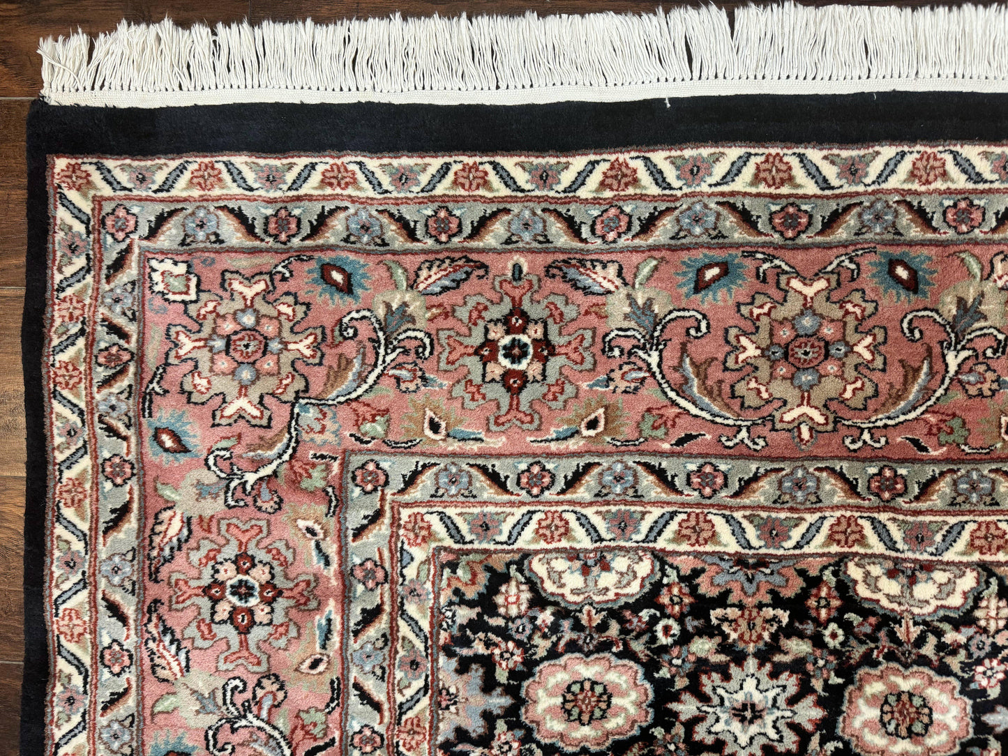 Indo Persian Rug 9x12, Vintage Handmade Wool Carpet, Repeated Allover Motif, Navy Blue and Pink - Nuvé