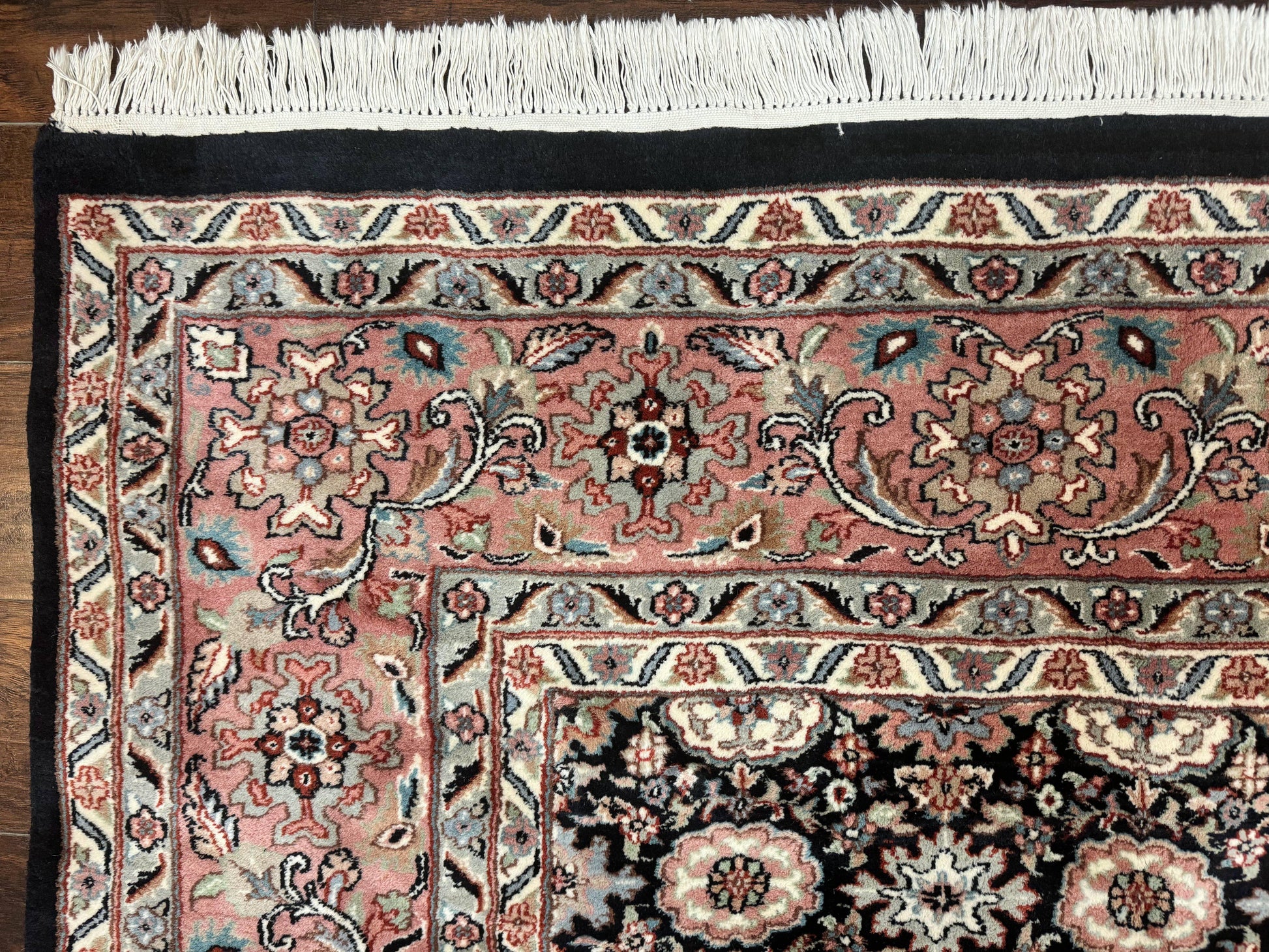 Indo Persian Rug 9x12, Vintage Handmade Wool Carpet, Repeated Allover Motif, Navy Blue and Pink - Nuvé
