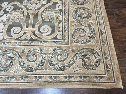 Spanish Rug 11x14, Wool Hand Knotted Vintage Carpet, Olive Green and Beige, Floral Allover, European Design, 11 x 14 Rug - Nuvé