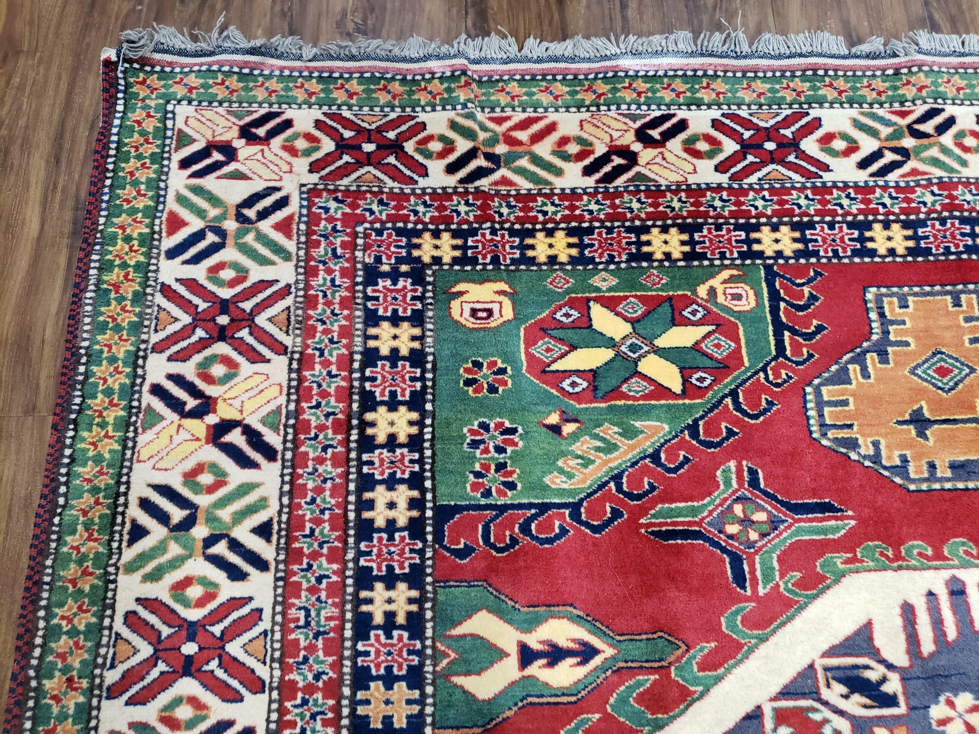 Vintage Turkish Kazak Area Rug, 6ft Square Rug, 6x6 Square Oriental Carpet, Hand-Knotted, Wool, Bold Colors, Red Blue Green, Geometric Rug - Nuvé