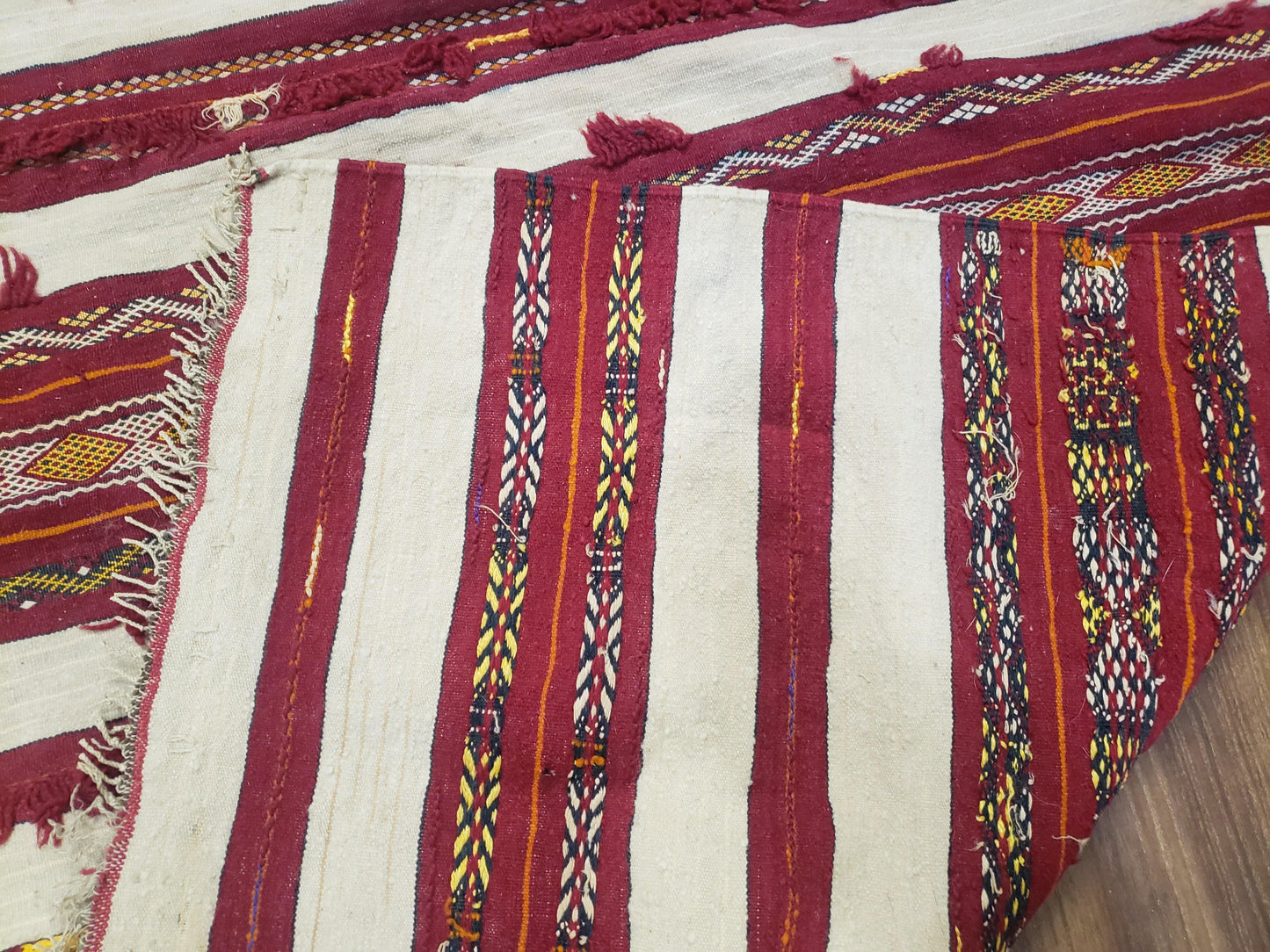Antique Turkoman Yamud Rug 3x5 ft, 1920s Turkmen Sofreh Table Cover, Bohemian Rug, Tribal Collectible, Striped Rug, Handmade Ivory and Red - Nuvé