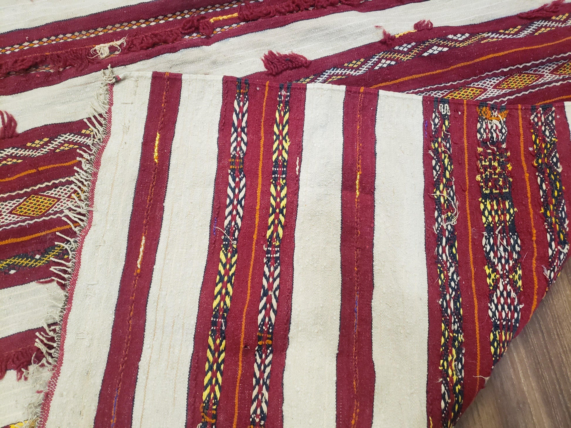 Antique Turkoman Yamud Rug 3x5 ft, 1920s Turkmen Sofreh Table Cover, Bohemian Rug, Tribal Collectible, Striped Rug, Handmade Ivory and Red - Nuvé