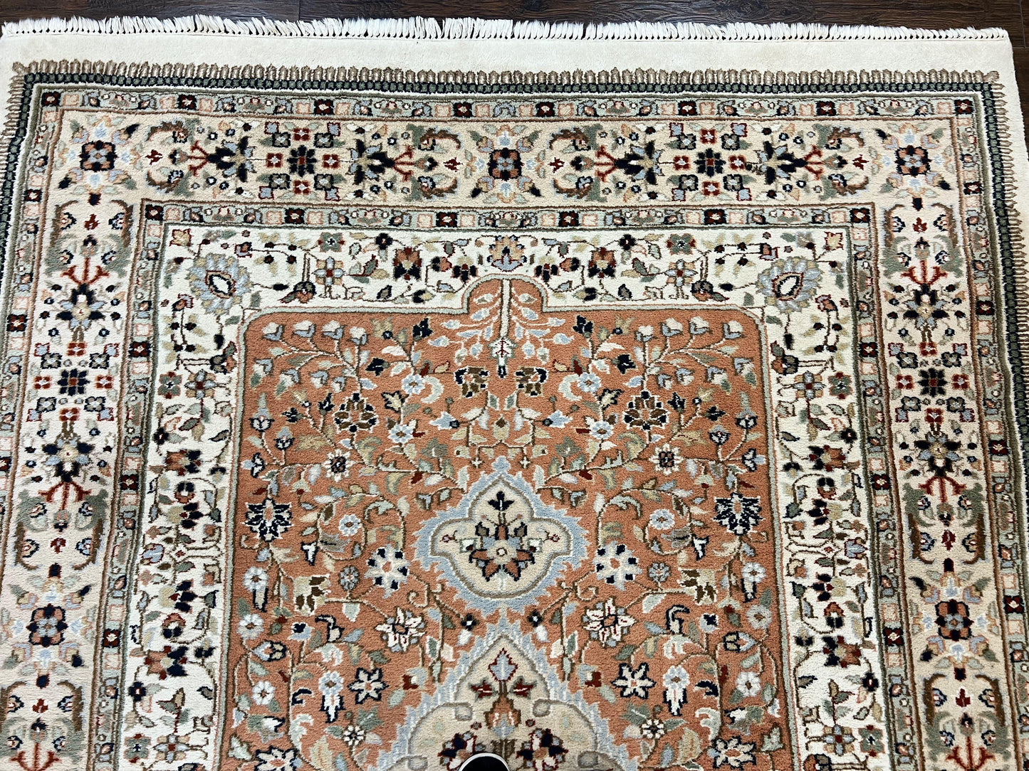 Indo Persian Rug 6x9, Wool Hand Knotted Vintage Carpet, Salmon & Ivory, Traditional Oriental Rug 6 x 9 - Nuvé