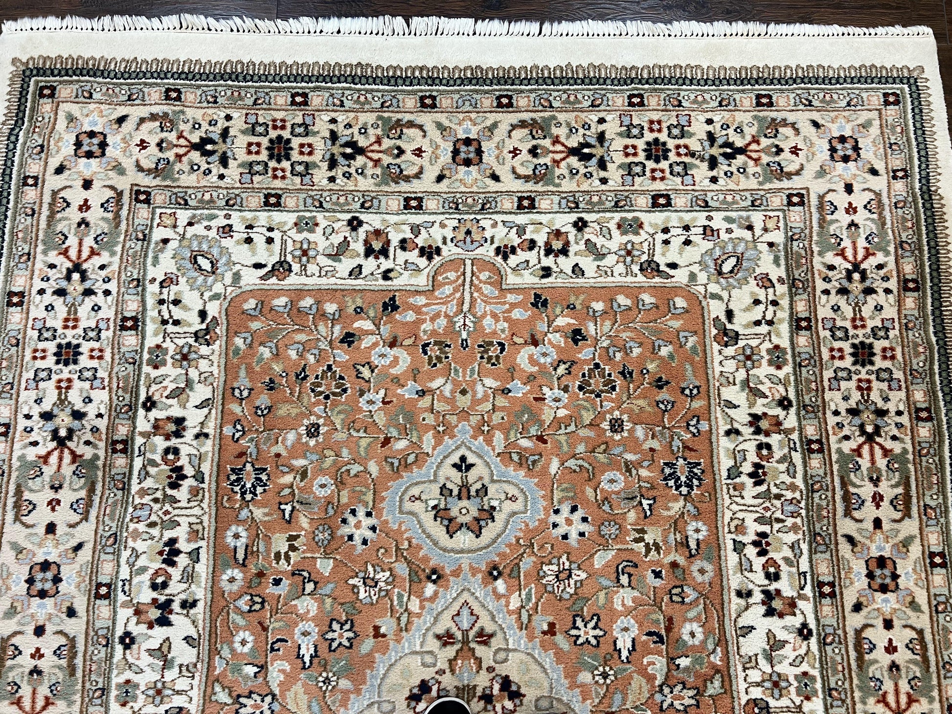 Indo Persian Rug 6x9, Wool Hand Knotted Vintage Carpet, Salmon & Ivory, Traditional Oriental Rug 6 x 9 - Nuvé